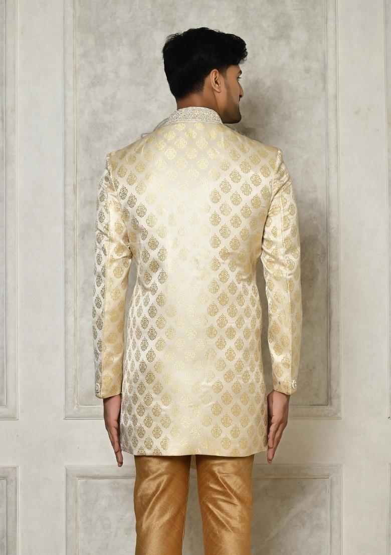 Cream Embroidered Jacquard Indo Western Sherwani For Men