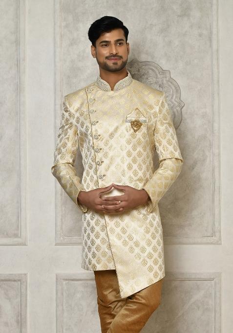 Cream Embroidered Jacquard Indo Western Sherwani For Men