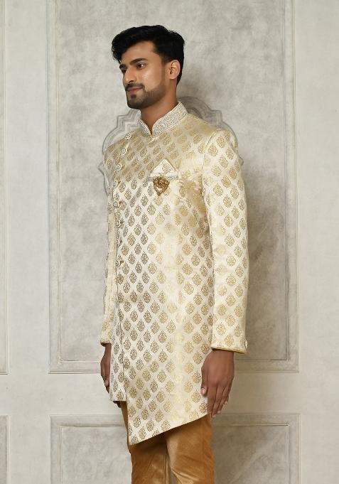 Cream Embroidered Jacquard Indo Western Sherwani For Men
