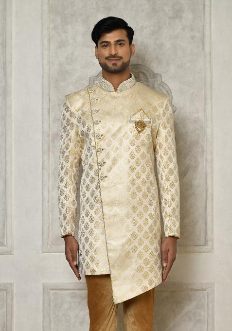 Cream Embroidered Jacquard Indo Western Sherwani For Men