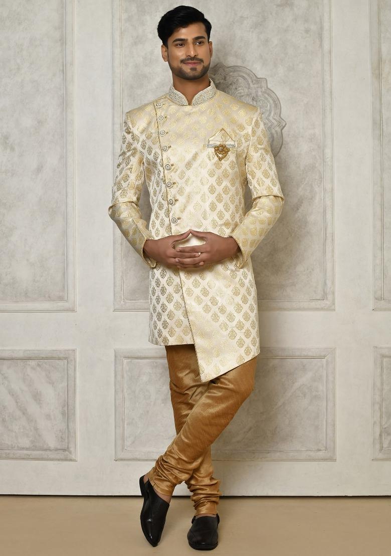 Cream Embroidered Jacquard Indo Western Sherwani Set For Men