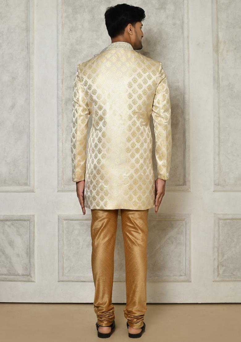 Cream Embroidered Jacquard Indo Western Sherwani Set For Men