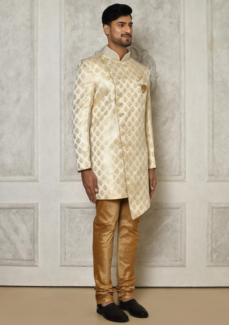 Cream Embroidered Jacquard Indo Western Sherwani Set For Men