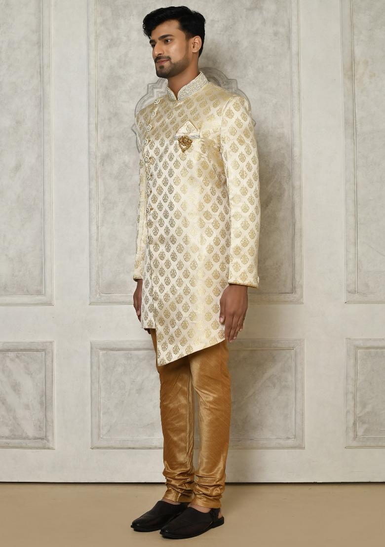 Cream Embroidered Jacquard Indo Western Sherwani Set For Men