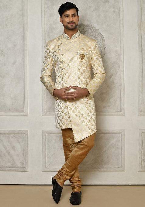 Cream Embroidered Jacquard Indo Western Sherwani Set For Men