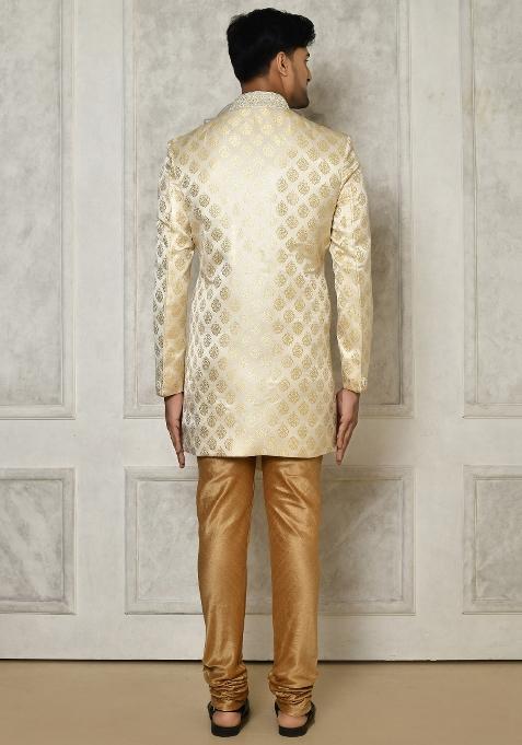 Cream Embroidered Jacquard Indo Western Sherwani Set For Men