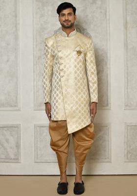 Cream Embroidered Jacquard Indo Western Sherwani Set For Men