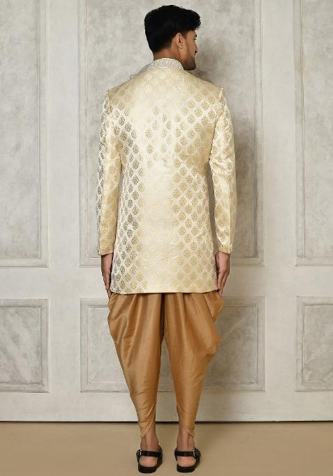 Cream Embroidered Jacquard Indo Western Sherwani Set For Men
