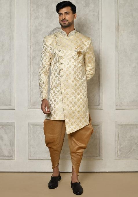 Cream Embroidered Jacquard Indo Western Sherwani Set For Men