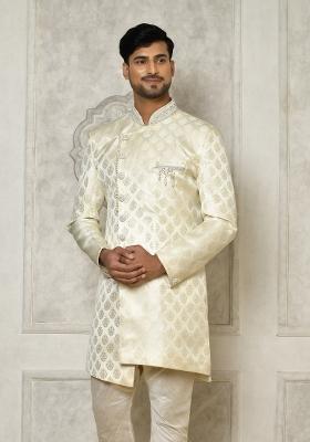 Ivory Embroidered Jacquard Indo Western Sherwani For Men