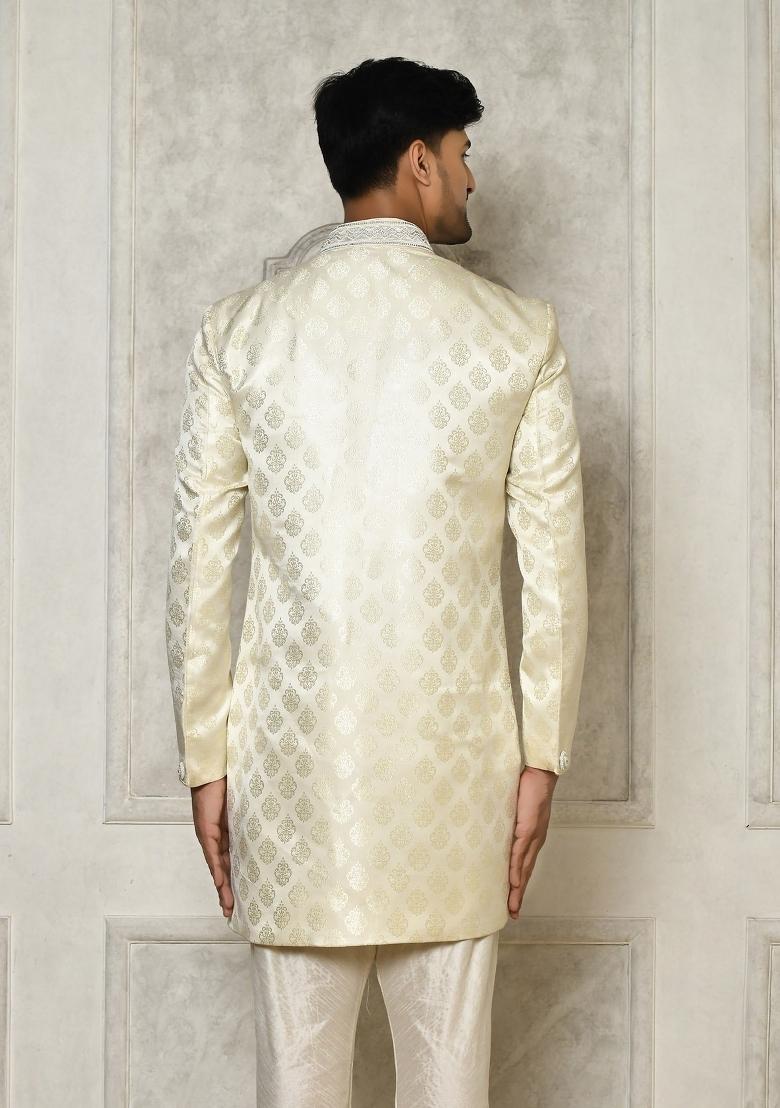 Ivory Embroidered Jacquard Indo Western Sherwani For Men