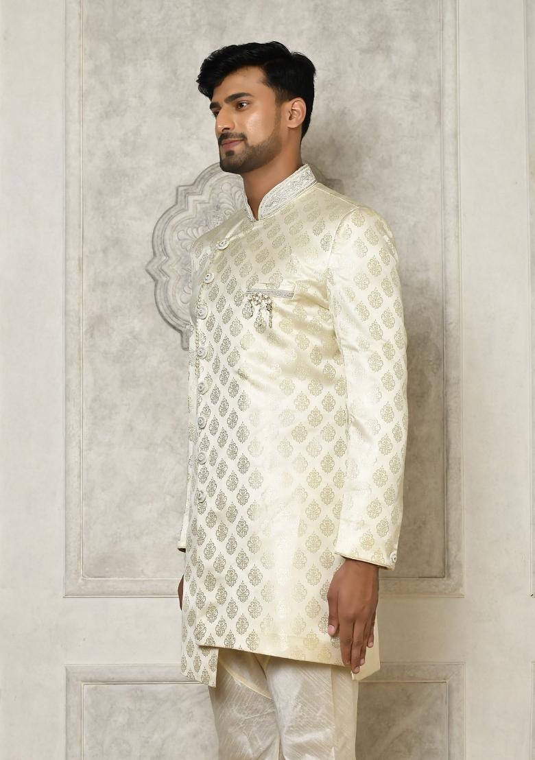 Ivory Embroidered Jacquard Indo Western Sherwani For Men