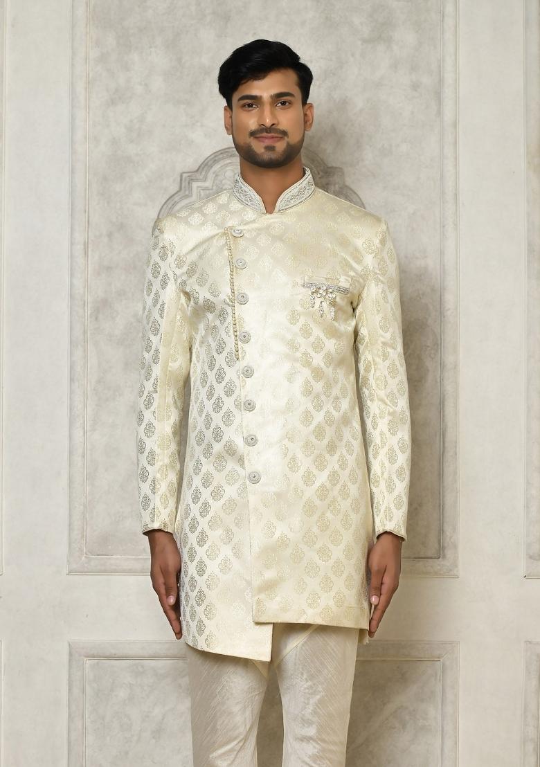 Ivory Embroidered Jacquard Indo Western Sherwani For Men