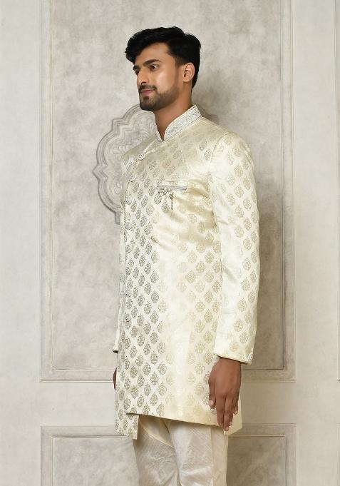 Ivory Embroidered Jacquard Indo Western Sherwani For Men