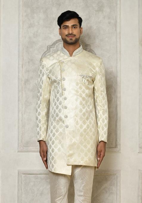 Ivory Embroidered Jacquard Indo Western Sherwani For Men