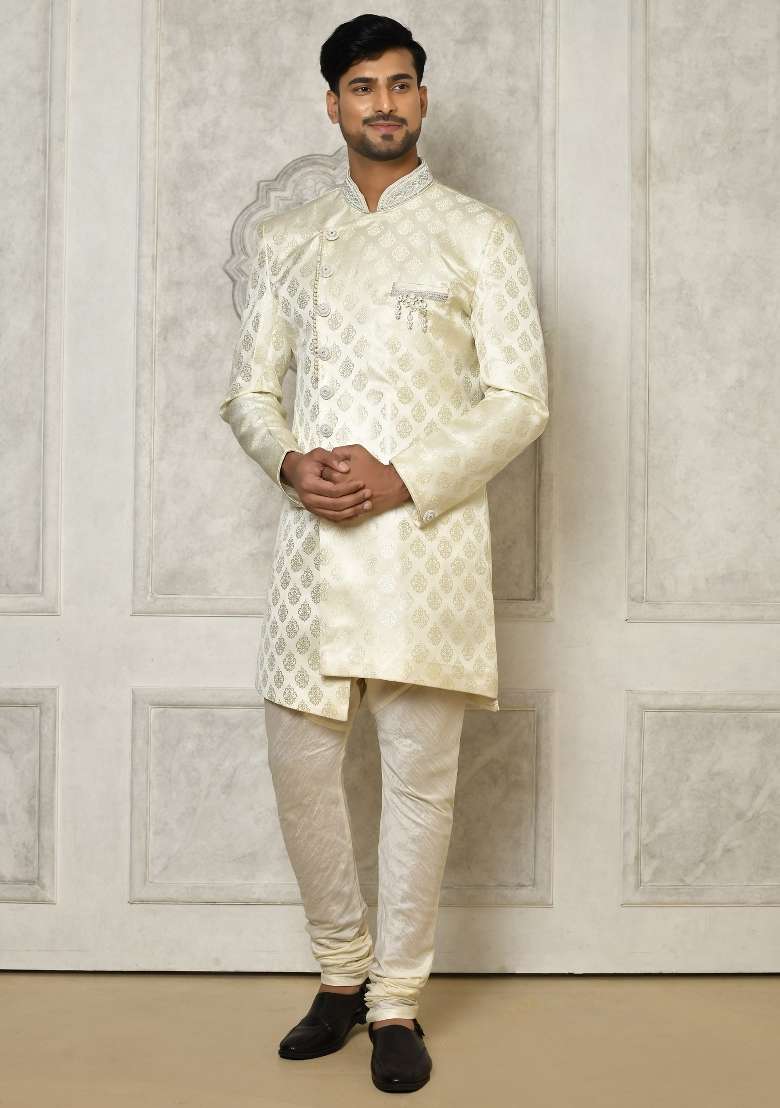 Ivory Embroidered Jacquard Indo Western Sherwani Set For Men - Indya