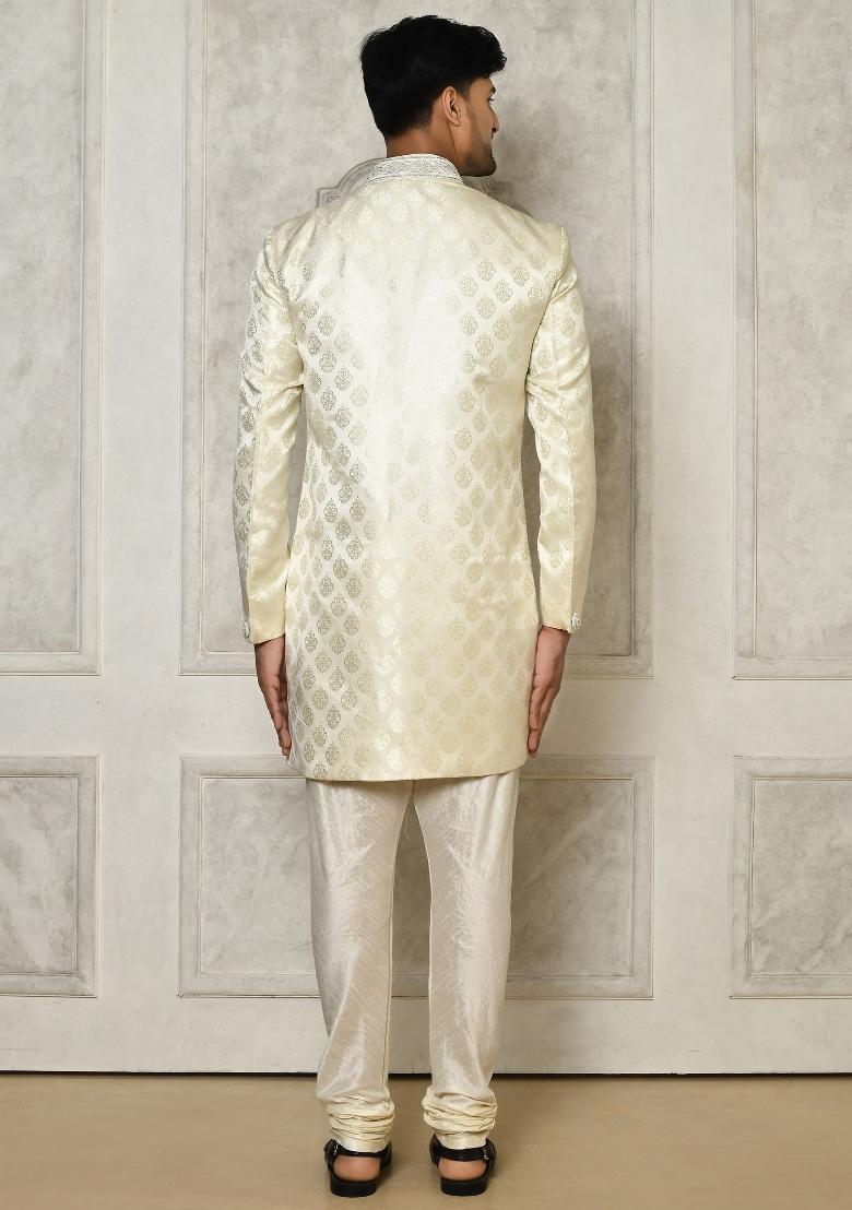Ivory Embroidered Jacquard Indo Western Sherwani Set For Men