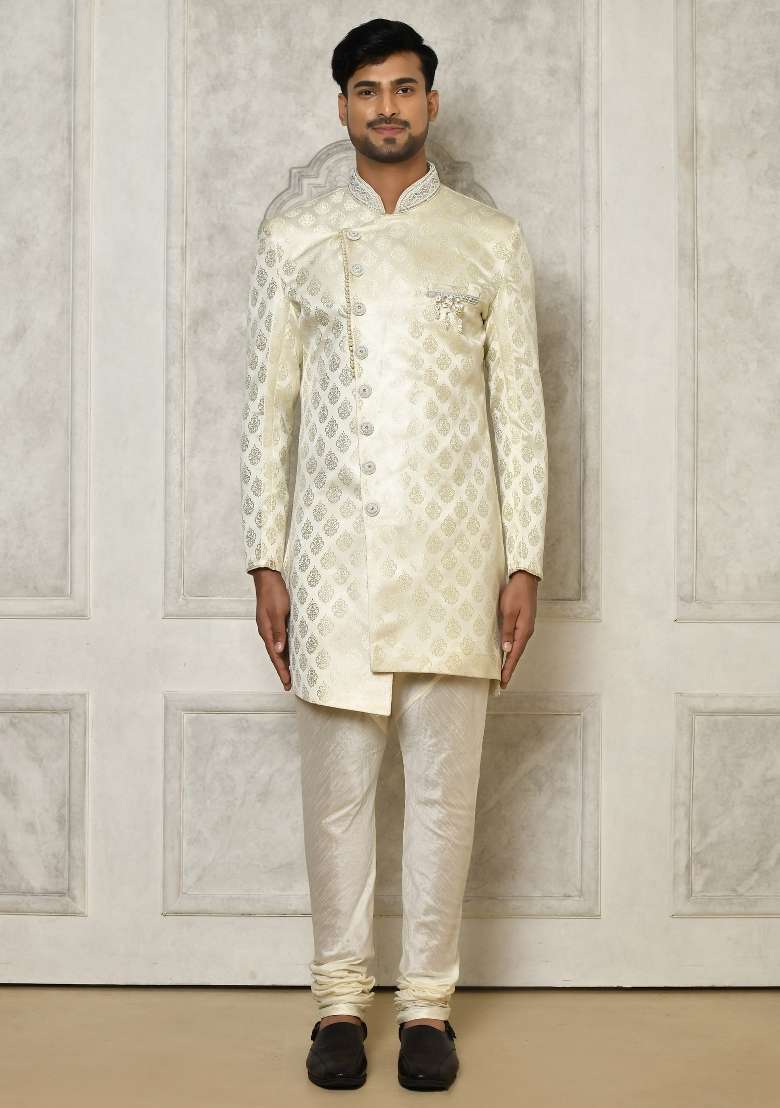 Ivory Embroidered Jacquard Indo Western Sherwani Set For Men - Indya