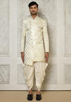 Ivory Embroidered Jacquard Indo Western Sherwani Set For Men