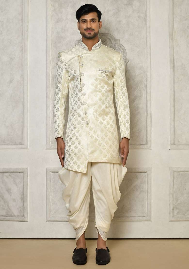 Ivory Embroidered Jacquard Indo Western Sherwani Set For Men - Indya