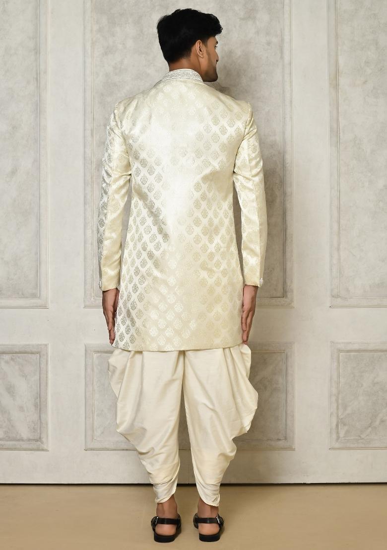 Ivory Embroidered Jacquard Indo Western Sherwani Set For Men