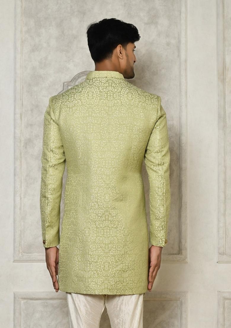 Olive Green Embroidered Jacquard Indo Western Sherwani For Men