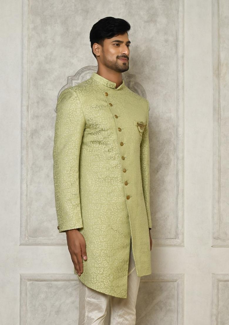 Olive Green Embroidered Jacquard Indo Western Sherwani For Men