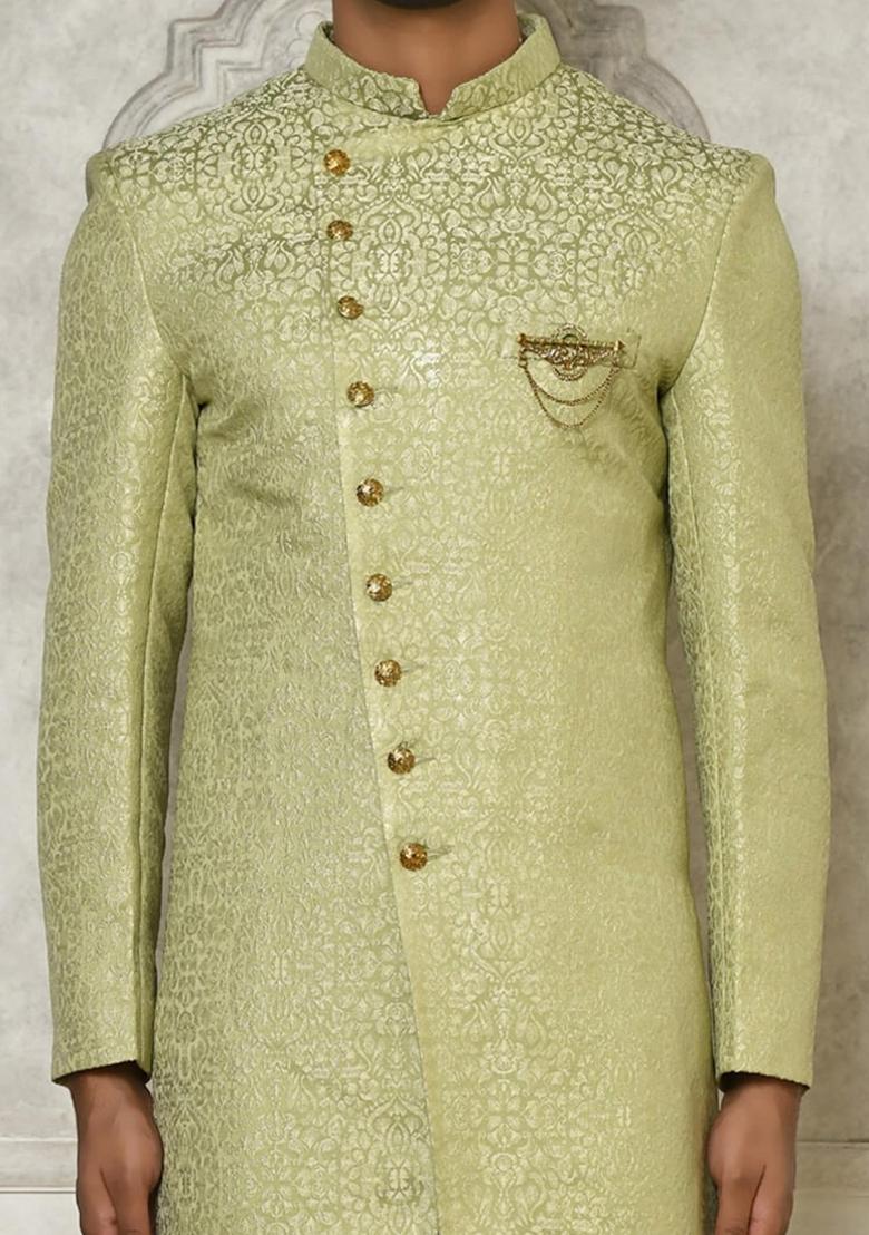 Olive Green Embroidered Jacquard Indo Western Sherwani For Men