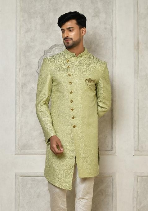 Olive Green Embroidered Jacquard Indo Western Sherwani For Men