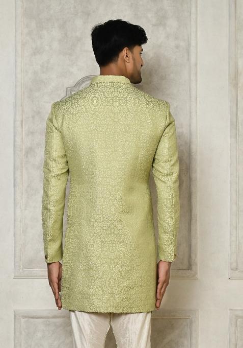 Olive Green Embroidered Jacquard Indo Western Sherwani For Men