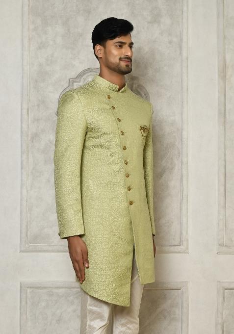 Olive Green Embroidered Jacquard Indo Western Sherwani For Men