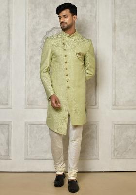 Olive Green Embroidered Jacquard Indo Western Sherwani Set For Men