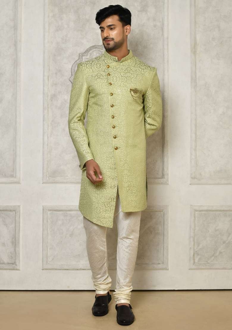 Olive Green Embroidered Jacquard Indo Western Sherwani Set For Men - Indya