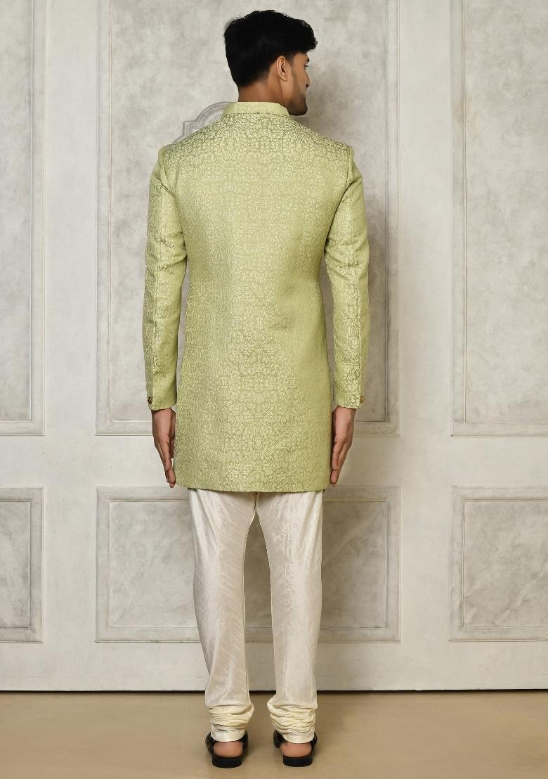 Olive Green Embroidered Jacquard Indo Western Sherwani Set For Men