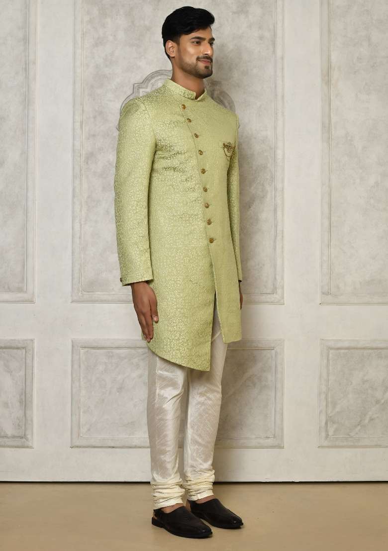 Olive Green Embroidered Jacquard Indo Western Sherwani Set For Men - Indya