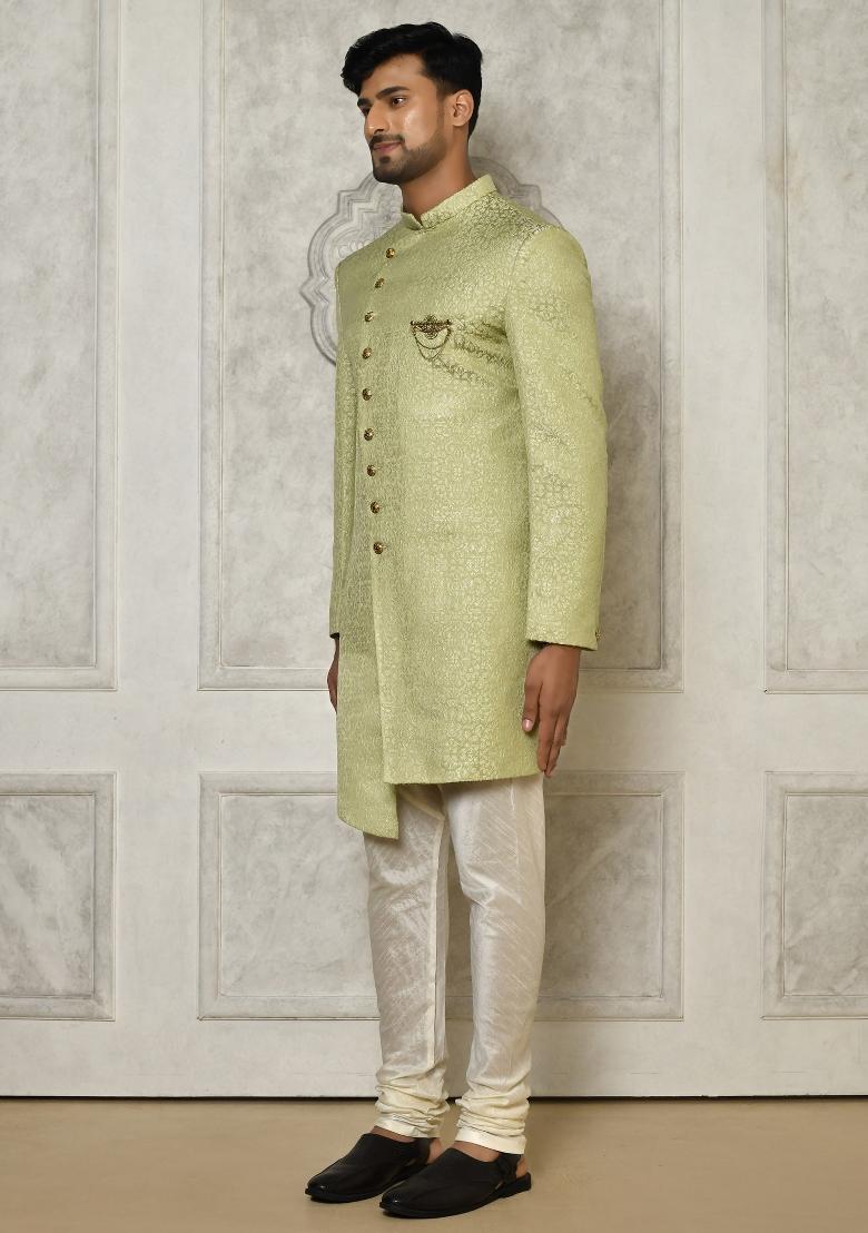 Olive Green Embroidered Jacquard Indo Western Sherwani Set For Men