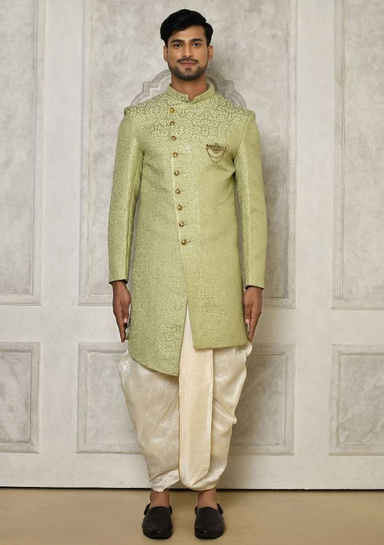 Olive Green Embroidered Jacquard Indo Western Sherwani Set For Men - Indya