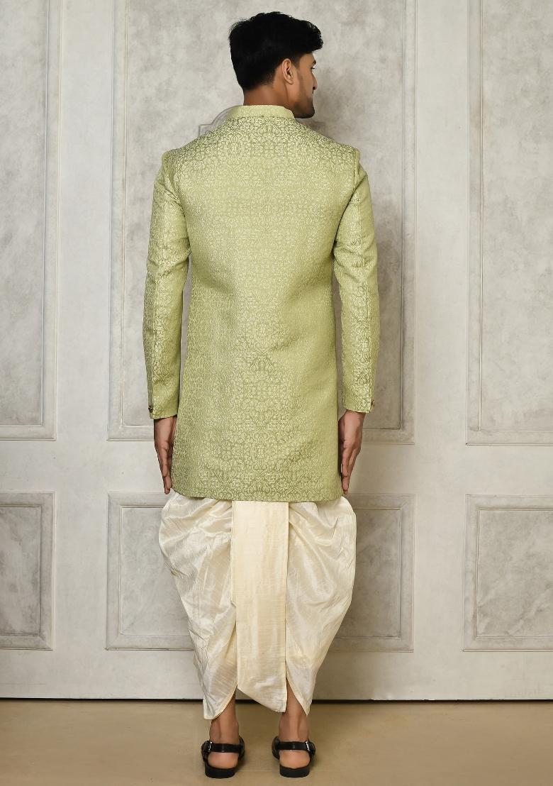 Olive Green Embroidered Jacquard Indo Western Sherwani Set For Men