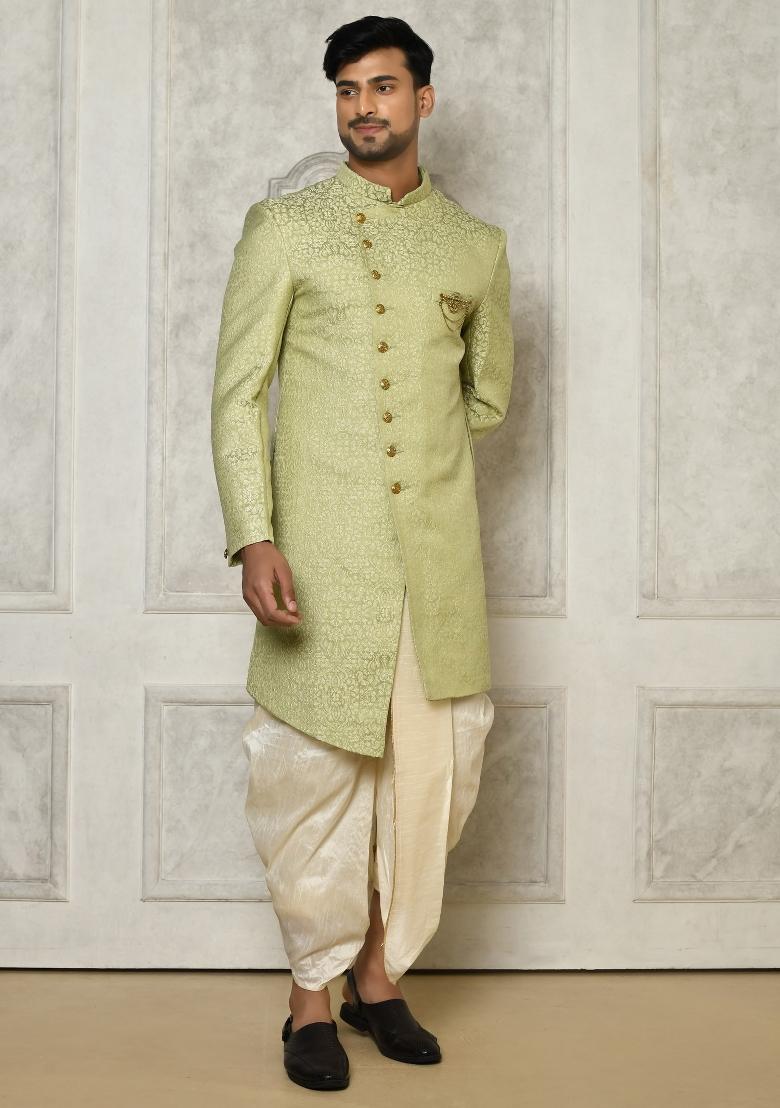 Olive Green Embroidered Jacquard Indo Western Sherwani Set For Men