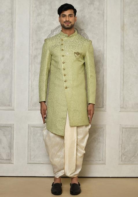 Olive Green Embroidered Jacquard Indo Western Sherwani Set For Men — view on Indya
