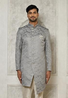 Grey Embroidered Jacquard Indo Western Sherwani For Men