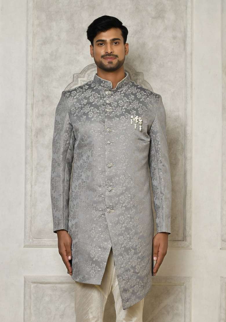 Grey Embroidered Jacquard Indo Western Sherwani For Men - Indya