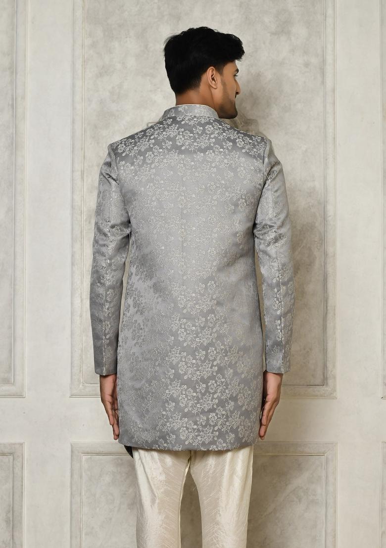 Grey Embroidered Jacquard Indo Western Sherwani For Men