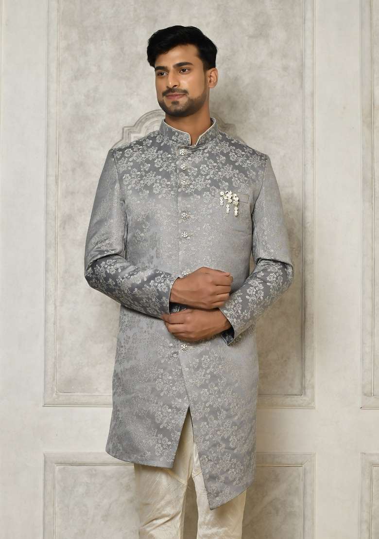 Grey Embroidered Jacquard Indo Western Sherwani For Men - Indya