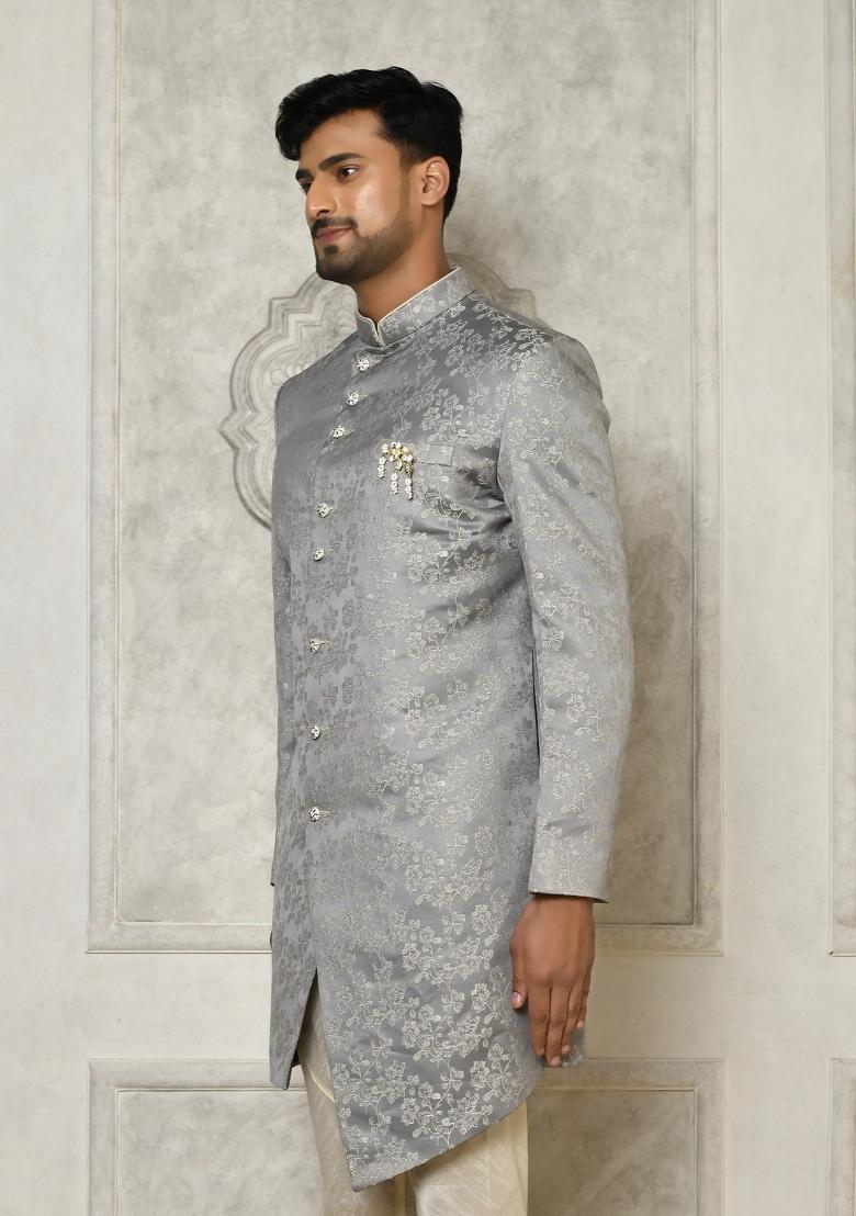 Grey Embroidered Jacquard Indo Western Sherwani For Men