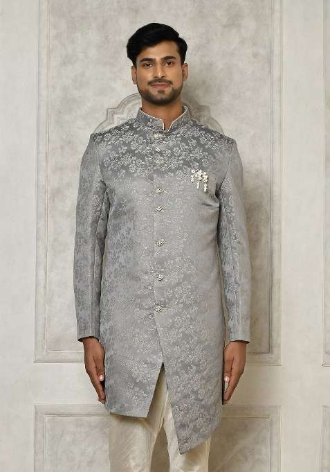 Grey Embroidered Jacquard Indo Western Sherwani For Men