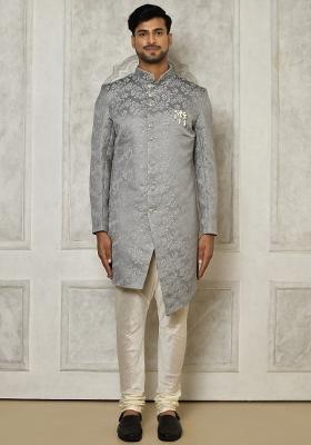 Grey Embroidered Jacquard Indo Western Sherwani Set For Men