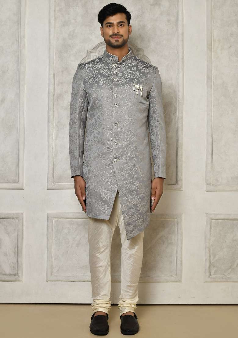 Grey Embroidered Jacquard Indo Western Sherwani Set For Men - Indya