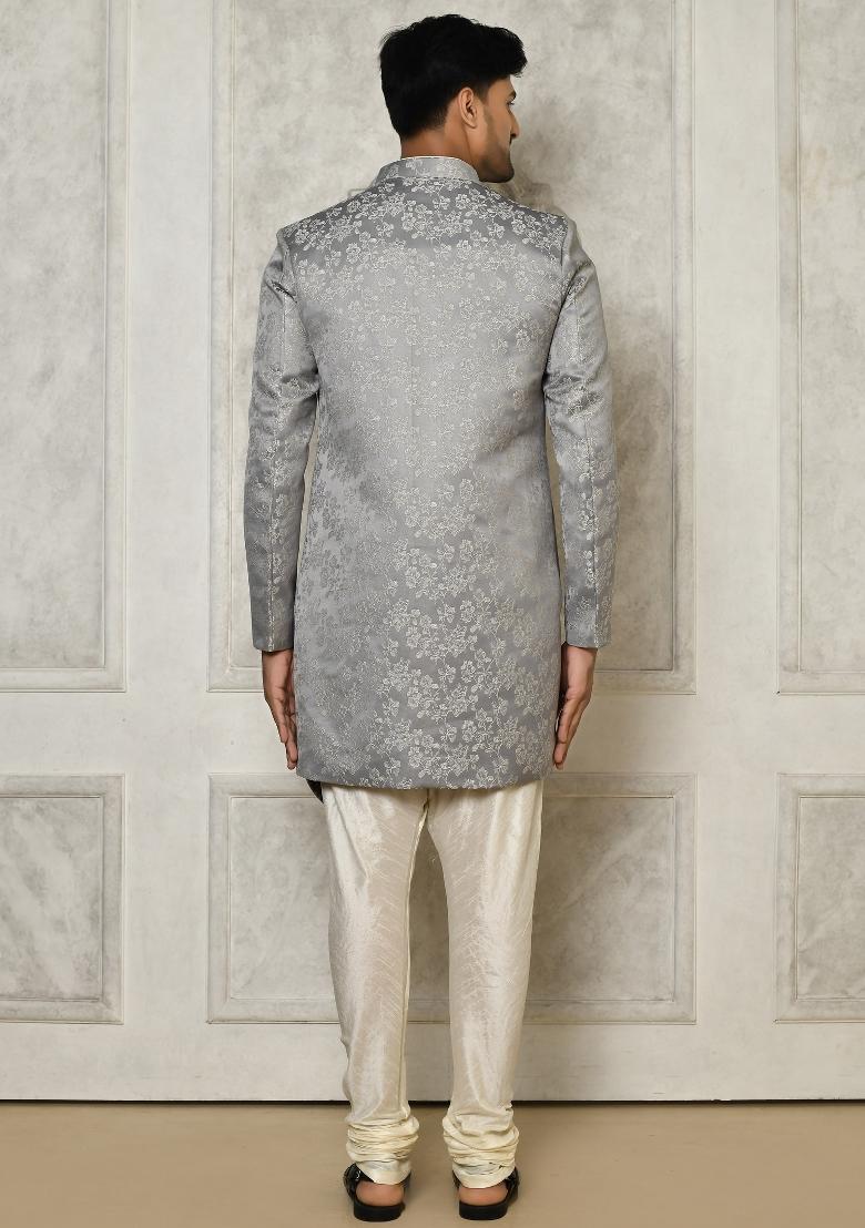 Grey Embroidered Jacquard Indo Western Sherwani Set For Men