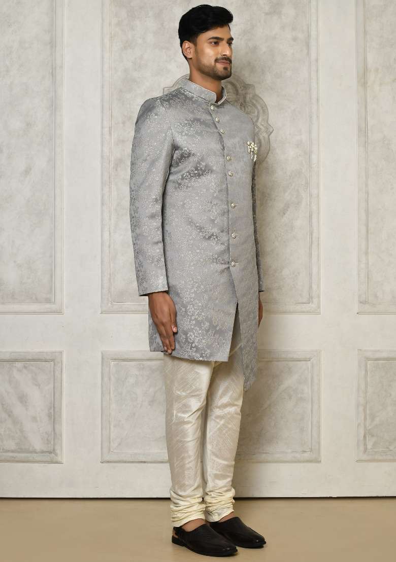 Grey Embroidered Jacquard Indo Western Sherwani Set For Men - Indya